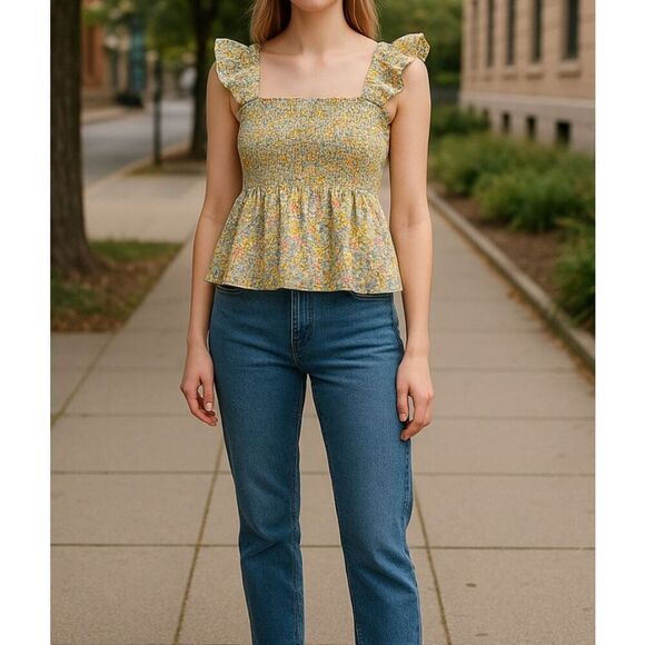 NWT UMGEE Top Women's Large Multicolor Floral Boho Smocked Ruffles Bow Tie Back - Picture 1 of 12